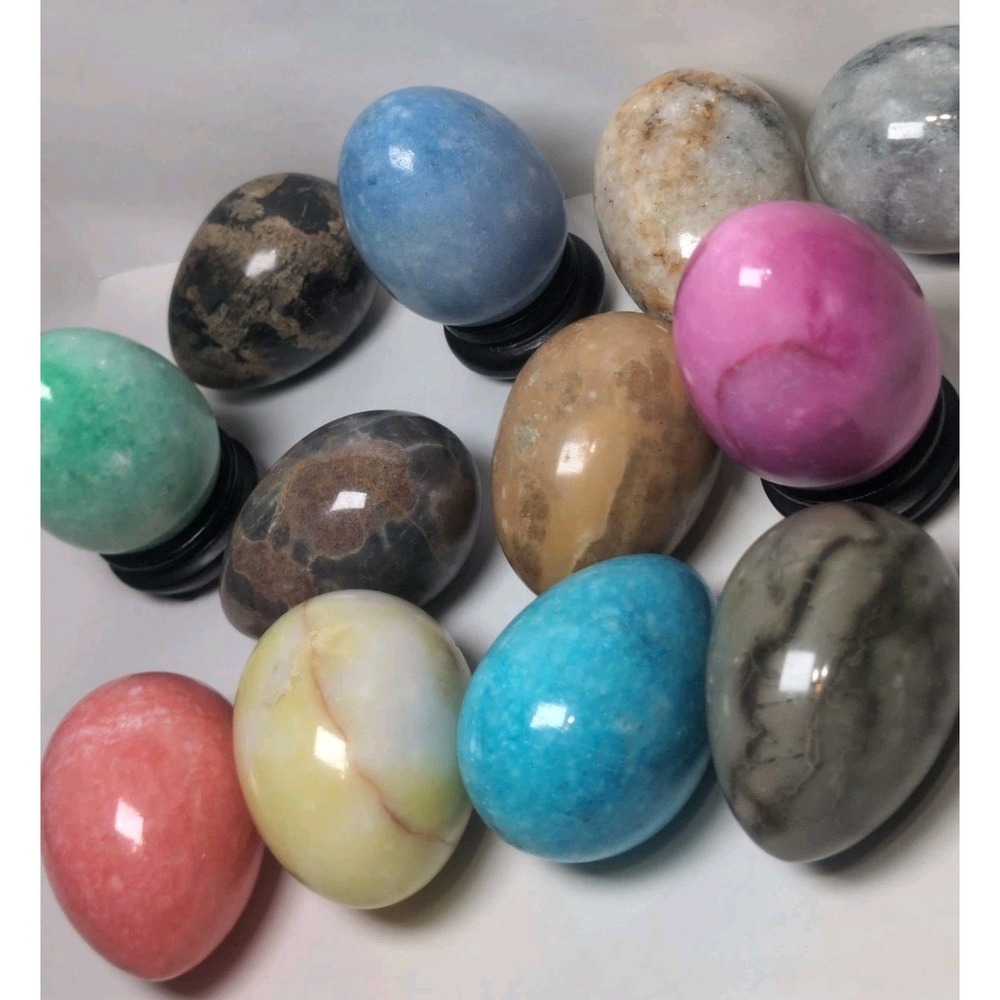 12 Genuine Hand Carved Alabaster Polished Egg Collection Vintage Natural Stones